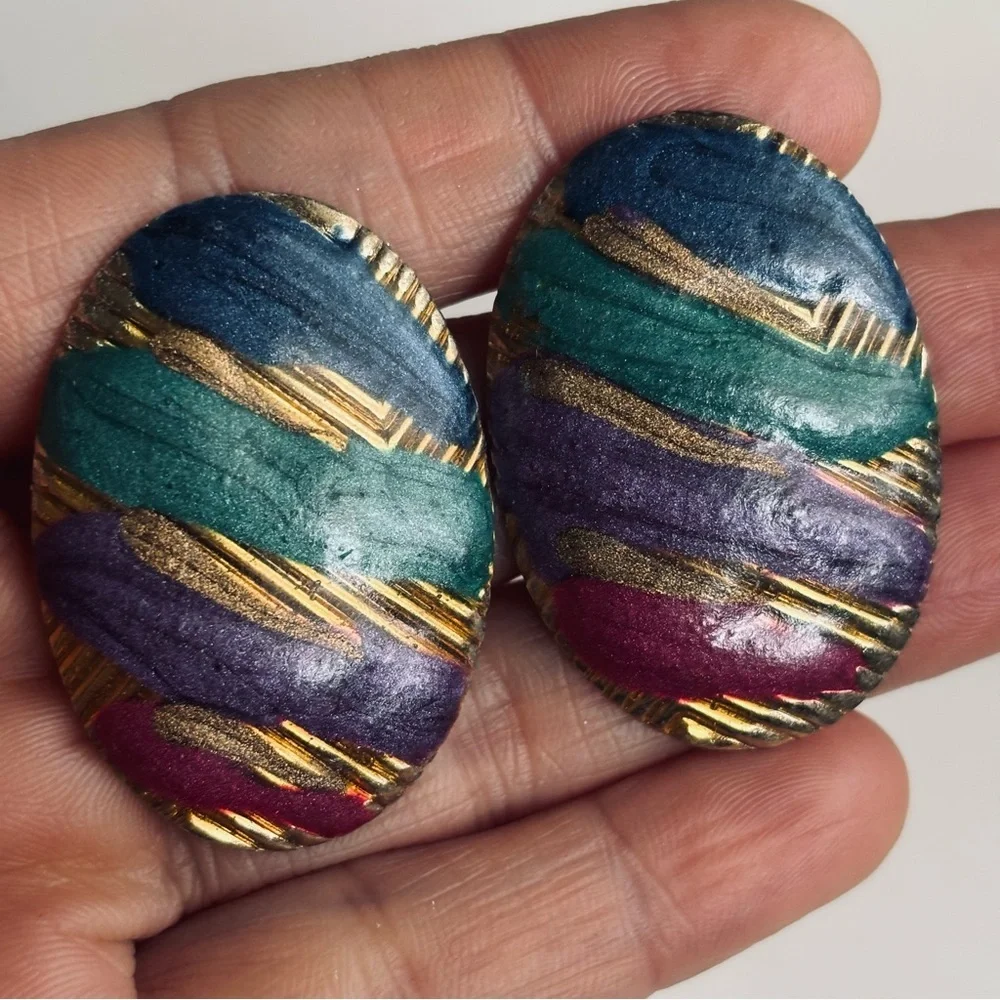 Vintage Rainbow Enamel Oval Stud Earrings Colorful Retro 80s 90s